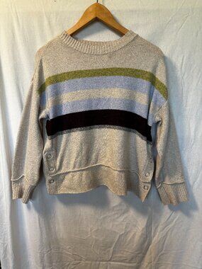Cozy Striped Crewneck Sweater in Cream with Blue, Olive, and Maroon Bands.